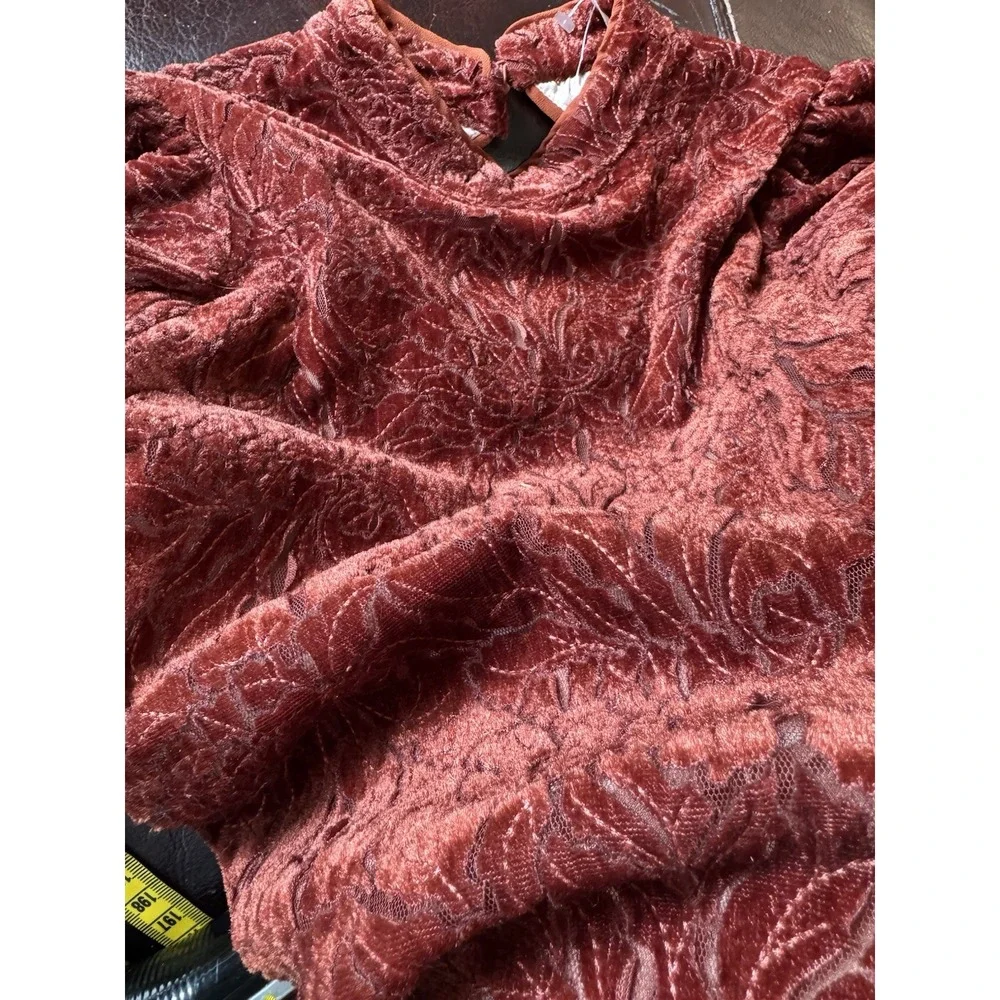 We The Free People Rust Orange Velour Open Back Mini Lace Dress Sz 2/XS Puff Slv